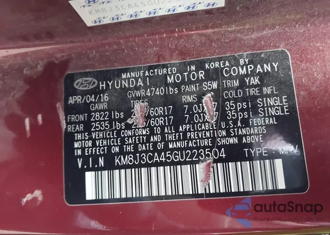 2016 Hyundai Tucson Se from USA, damaged, VIN KM8J3CA45GU223504